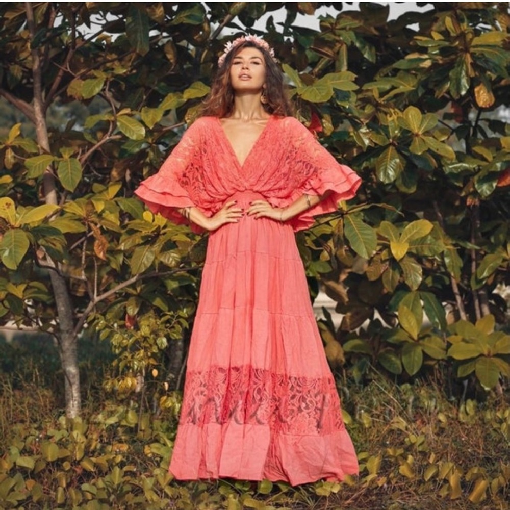 Lunette Lace trim Kaftan Pullover Dress Engagement Vacation Boho Maxi Dress Plus